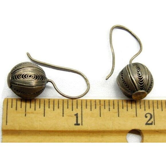 Earrings Hook Dangle Sterling Silver Filigree Ball 925 Vintage Patina - Picture 4 of 8